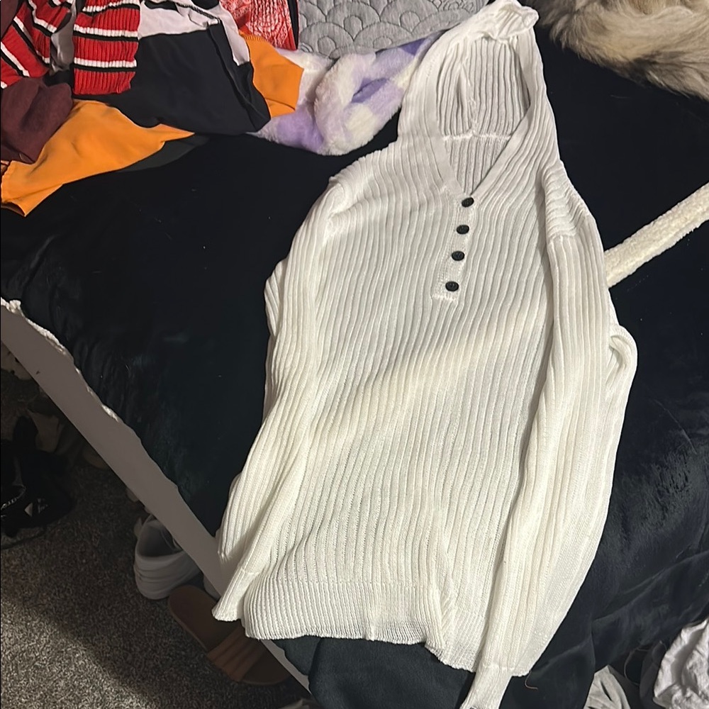 Women's White Ribbed Hoodie Top